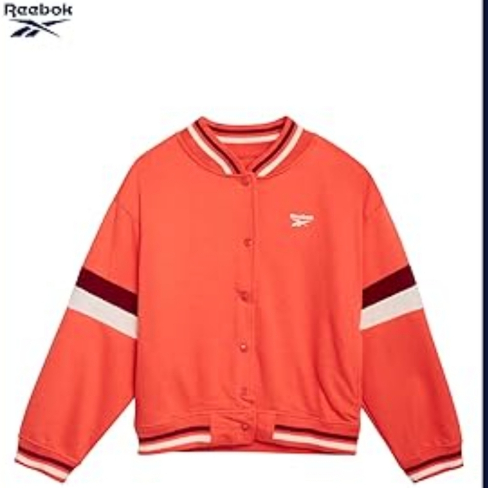 Reebok Kids Varsity Jacket Orange Purple Stripes Bomber Bold Playful Sz 4 Unisex